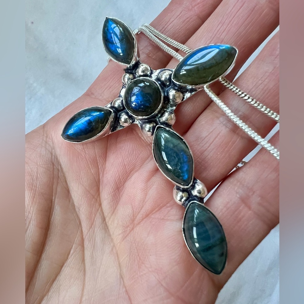 925 DARK LABRADORITE Blue Flash Cross Pendant Necklace